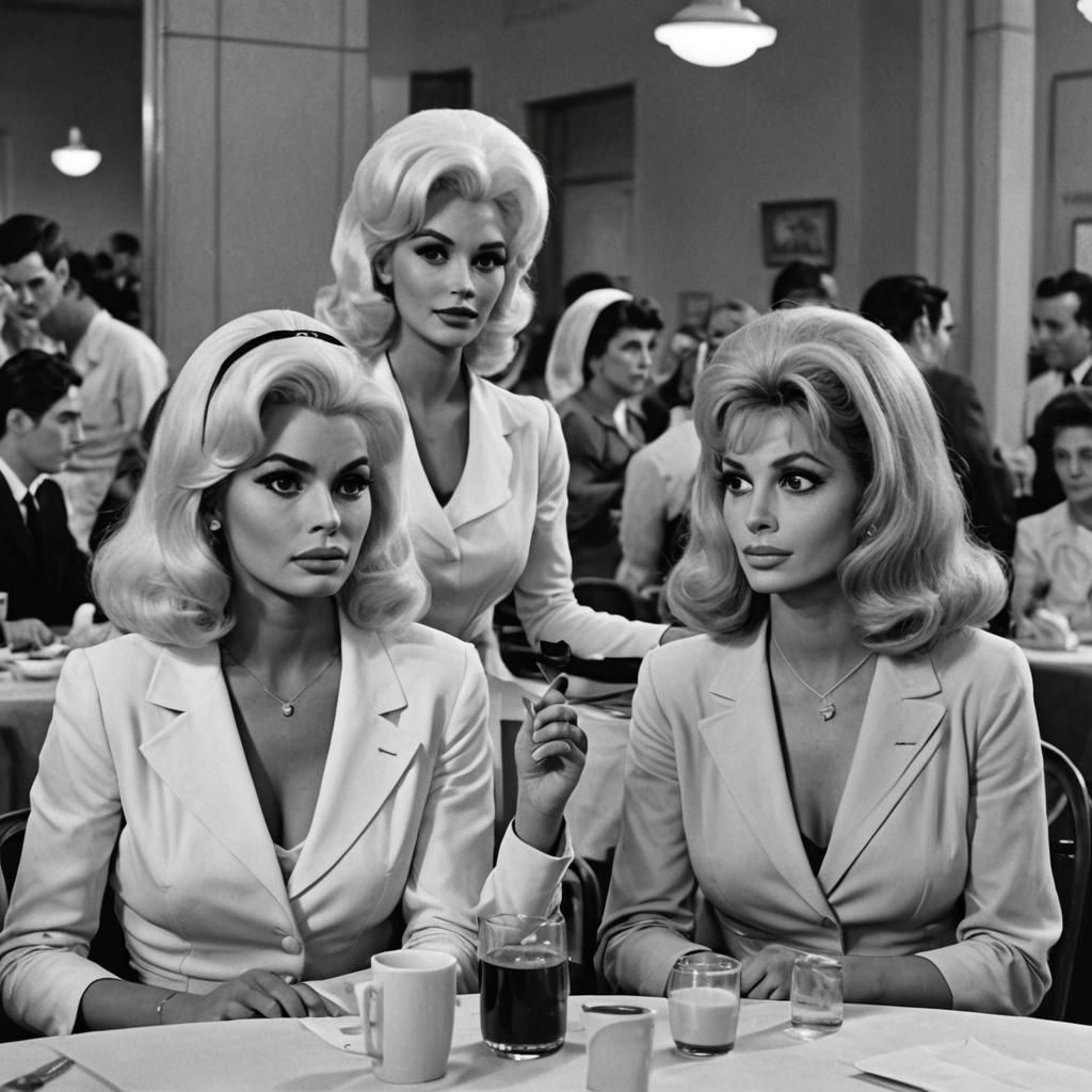 "Jayne Mansfield" as SpiderGwen and "Sophia Loren" as MaryJane Watson sitting at a table AI