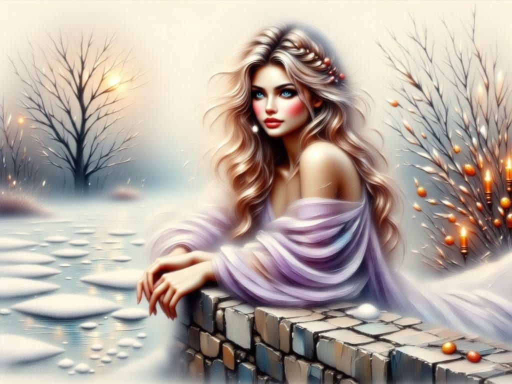 Woman Leans on Wall Over Frozen River in Impressionistic Sty...