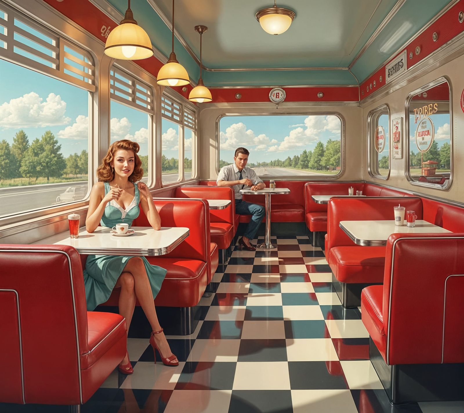 A vintage diner scene in a 50s style.  by @undefined