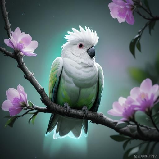 adorable cute fluffy baby chibi pineapple cockatoo on branch...