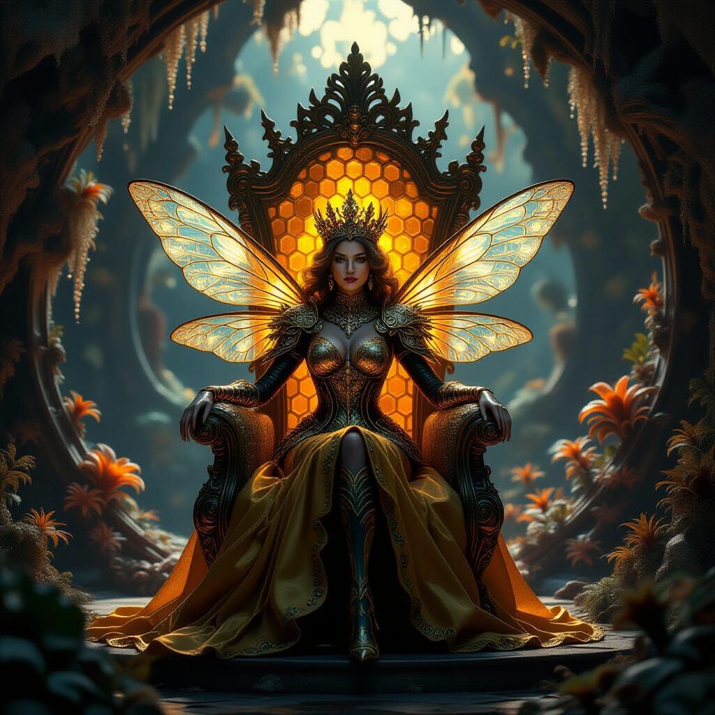 A majestic queen bee, adorned with intricate filigree armor resembling woven gold and amber, sits upon a throne made of crystallized honeyco...