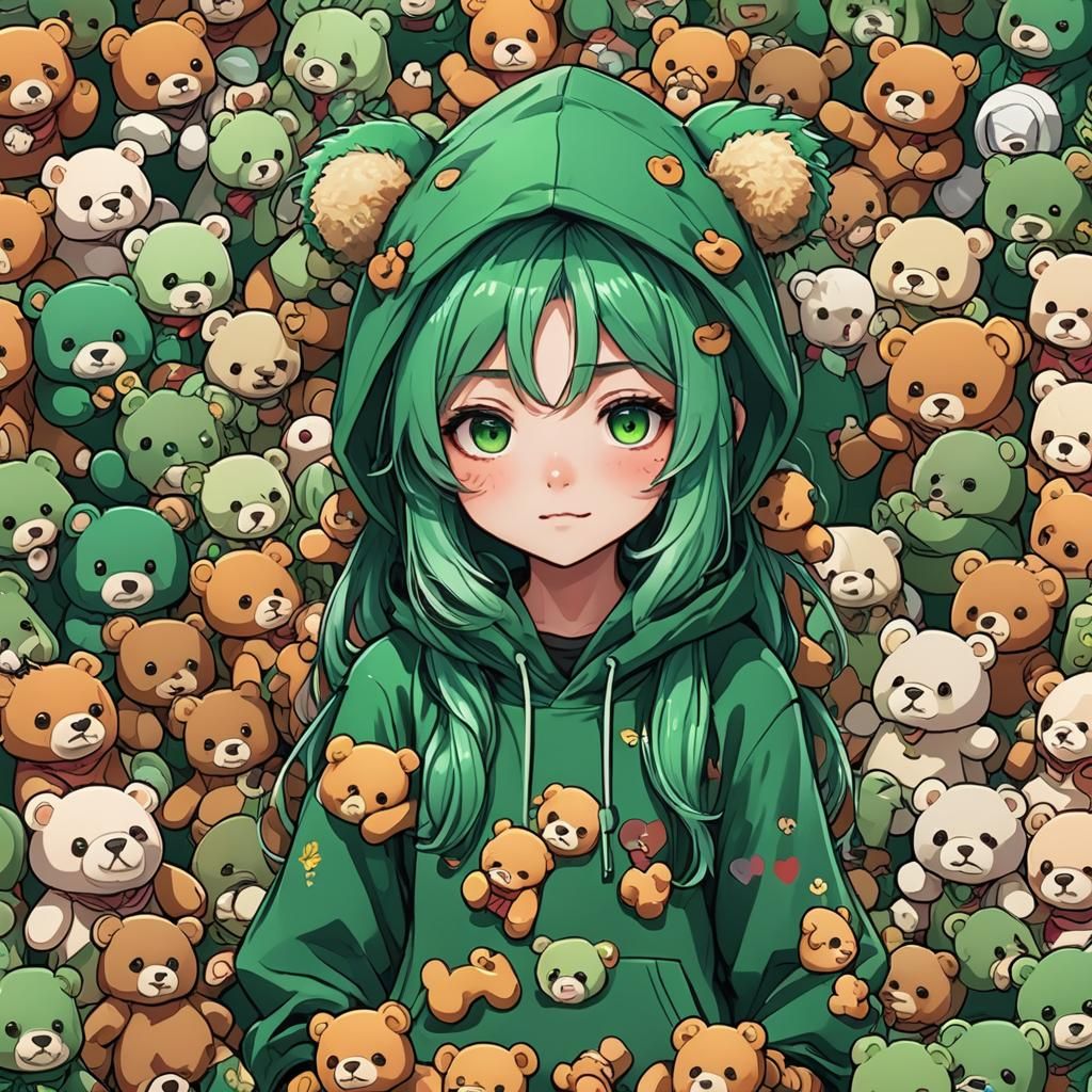 A cute girl with long green hair, wearing an emerald colored...