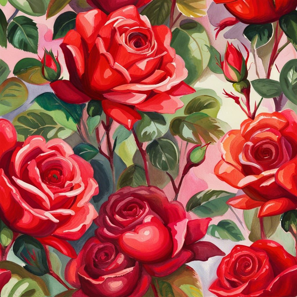 Ultrarealistic Beautiful Bright Colorful Ruby Red Roses In Gouache 