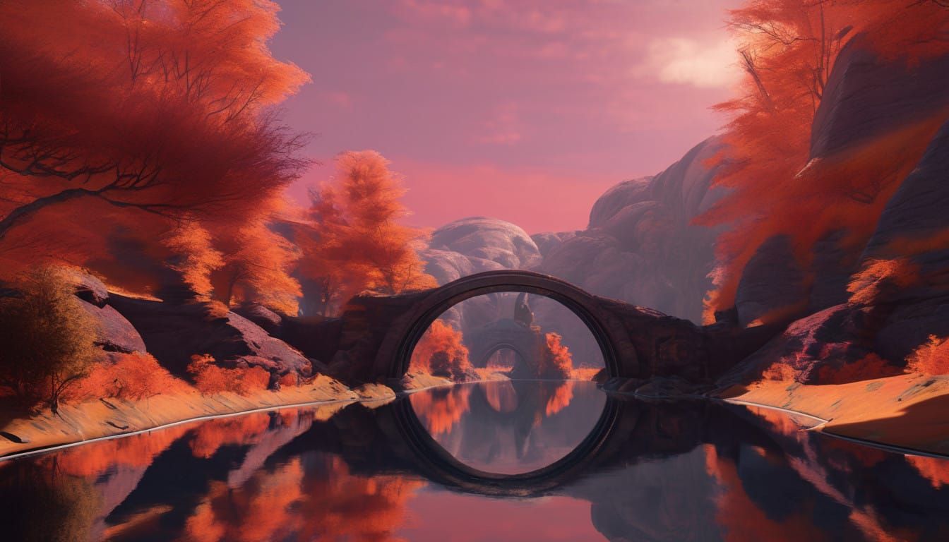 Ethereal Temple Ruins in a Fiery Dreamlike Landscape