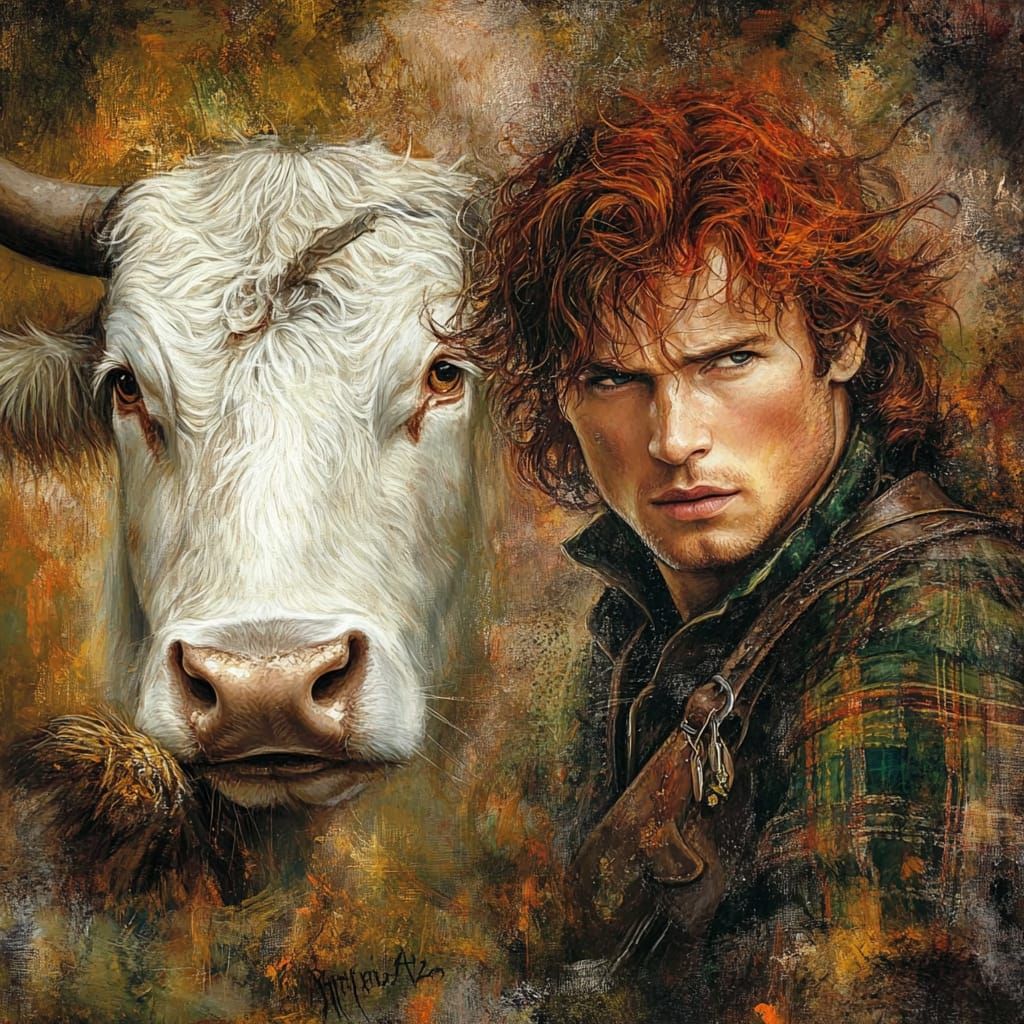 Highland Cow and Jamie Fraser (or tartan)  by @Suz