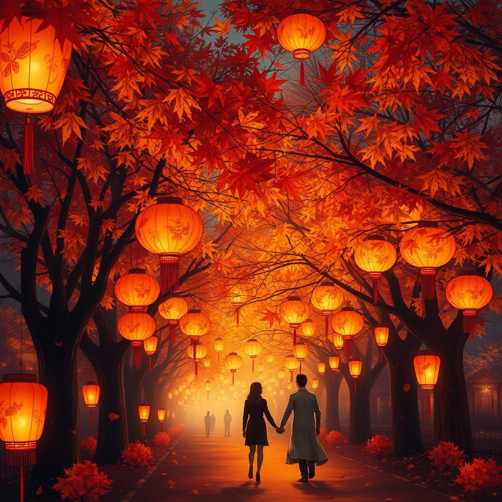 A romantic autumn night festival, where glowing lanterns transform into blossoms of crimson and gold, ...  by @Nguyen Duy Nguyen