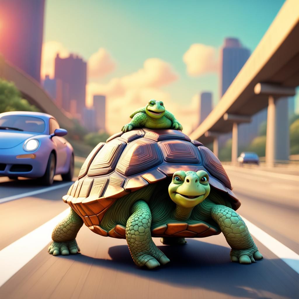 Tortoise on a freeway, travelling at 90mph, wind blowing through their ...