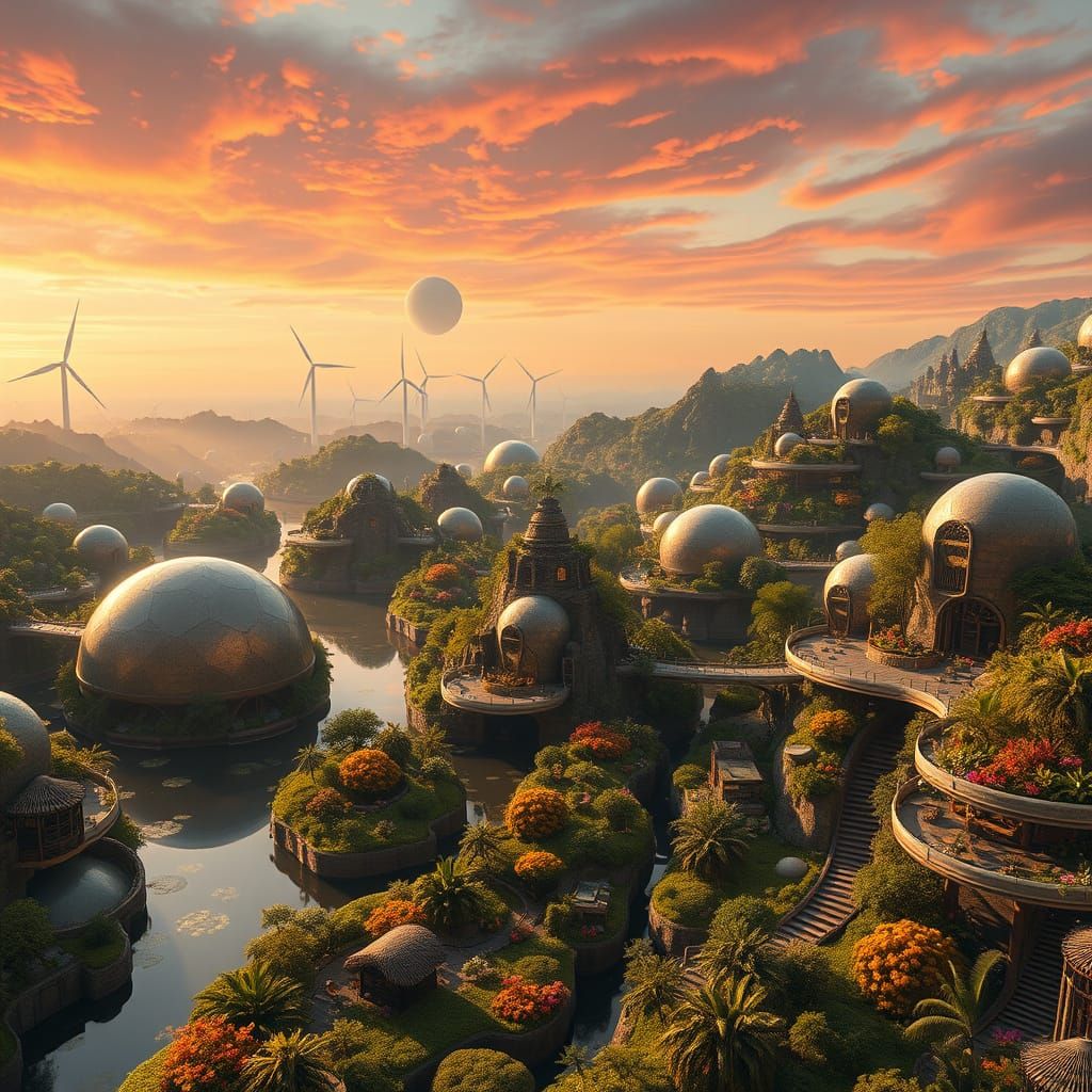 a solar punk style settlement of biophilic design.  Include canals and hanging gardens with windturbines ...  by @The Reverend