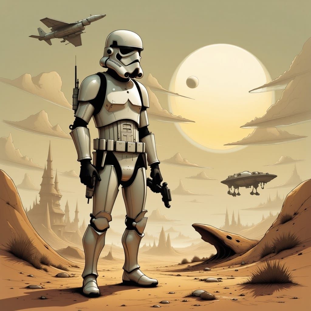 <lora:cuteNcreepy Flux:1.0>  A stormtrooper on a desert planet, surreal illustration