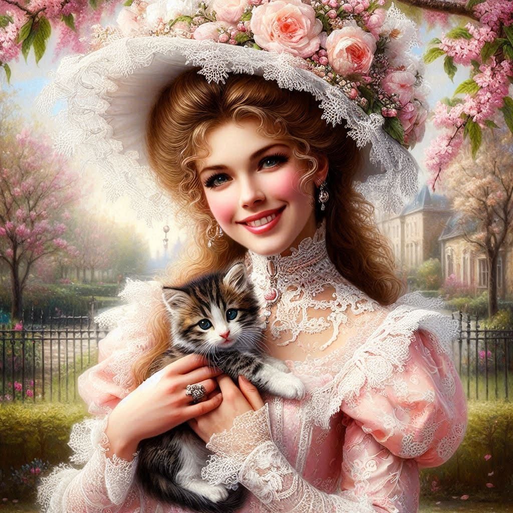 Victorian Lady with Tabby Kitten