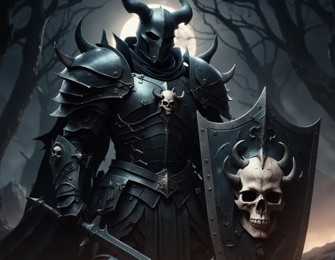 A dark Knight with horns on his helmet, a greatsword and a big shield with skull on hit Unreal Engine Tim Burton Tim Burton analogous colors...