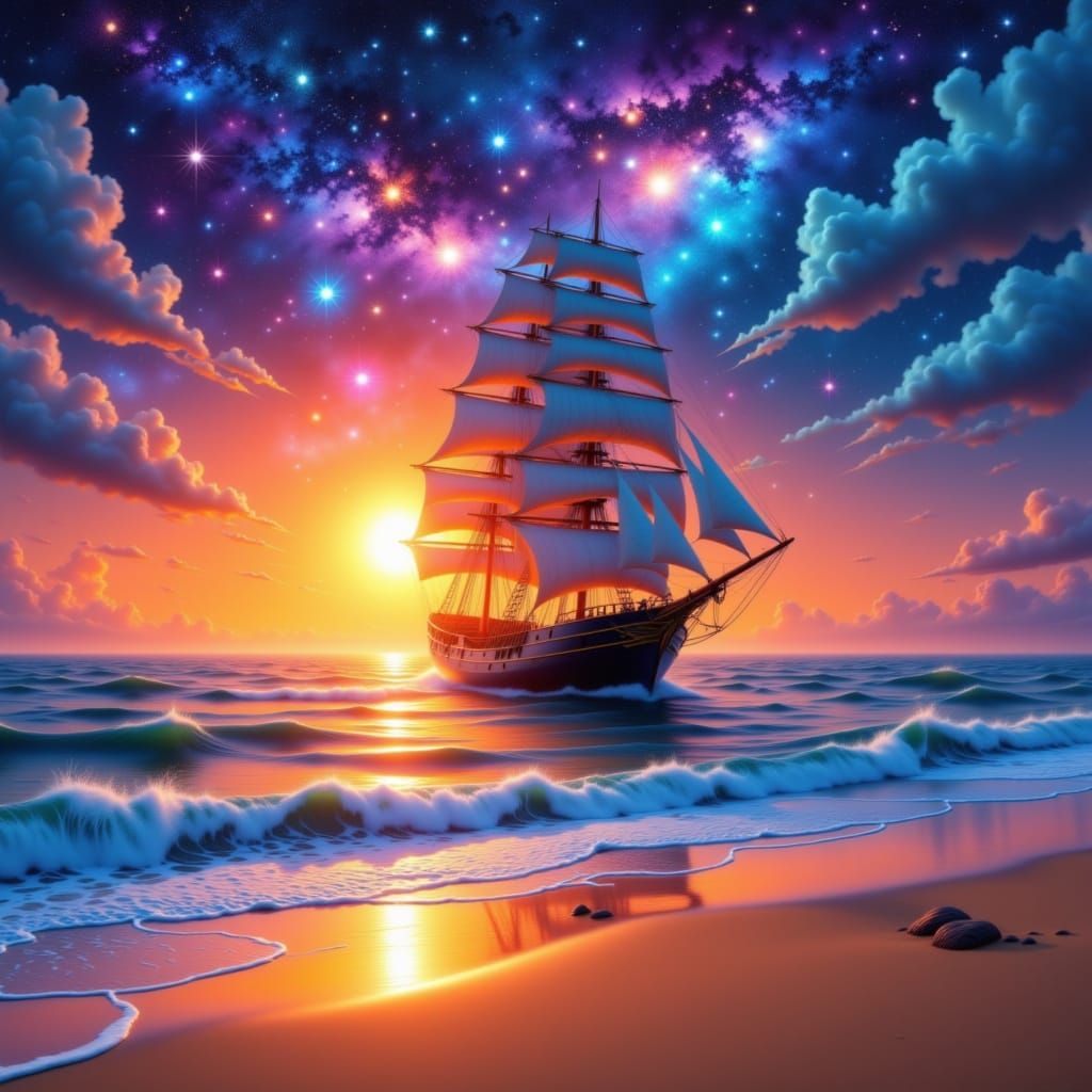 <lora:Boats and Ships:1.0>A surreal airbrushed landscape of a ocean beach sunset double exposure ship airbrushed orange ocean sunset galaxy....