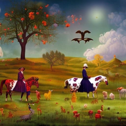 A stable diffusion of colorful surreal pastoral folk art depicting a mystical vampire realm