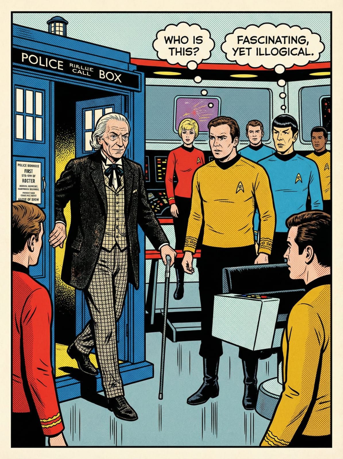 Comic Style - The 1st Doctor stepping onto the Bridge of the Enterprise