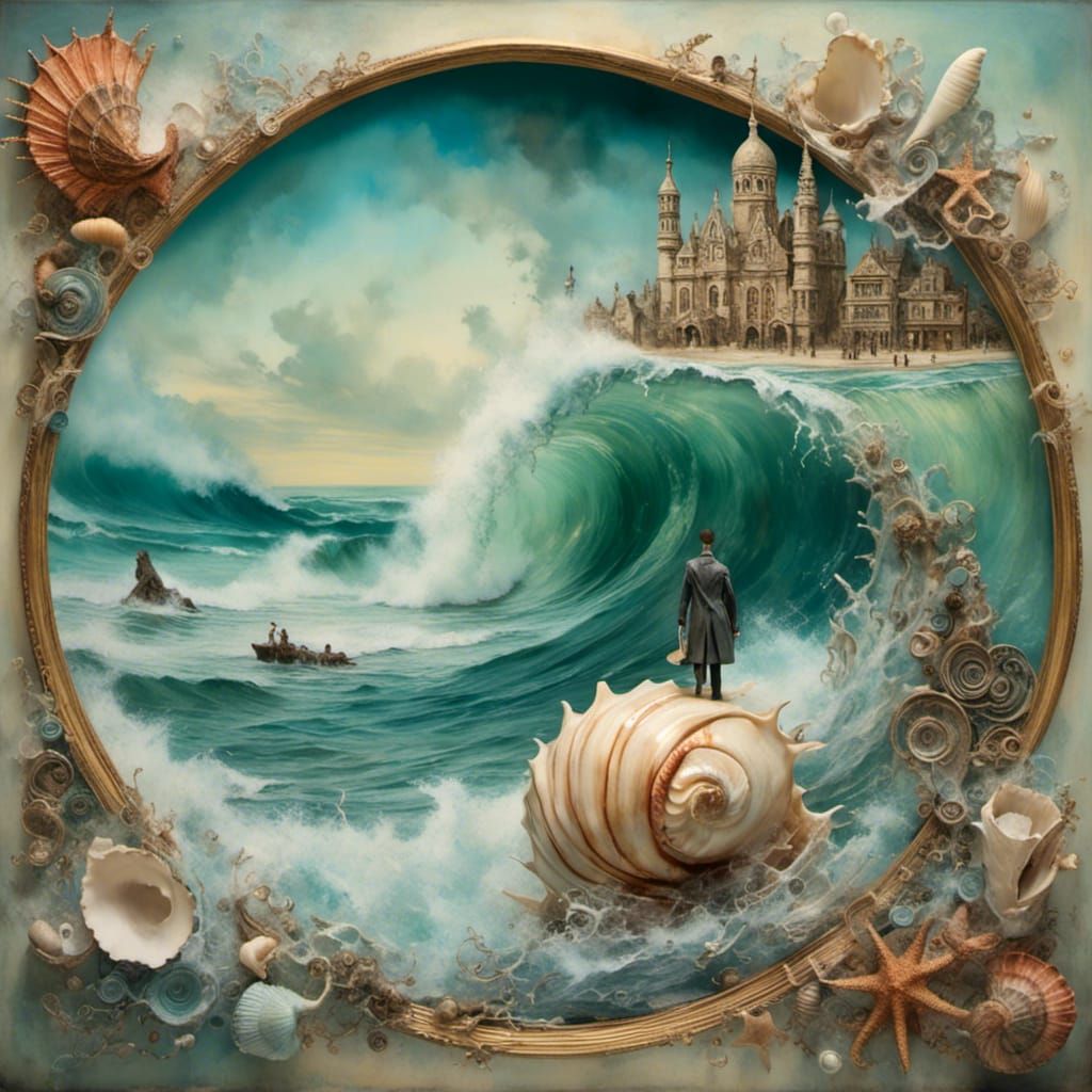 three quarters view of standing giant conch shell beautiful fantastic showing a whole world inside, miniature ...  by @vixyna