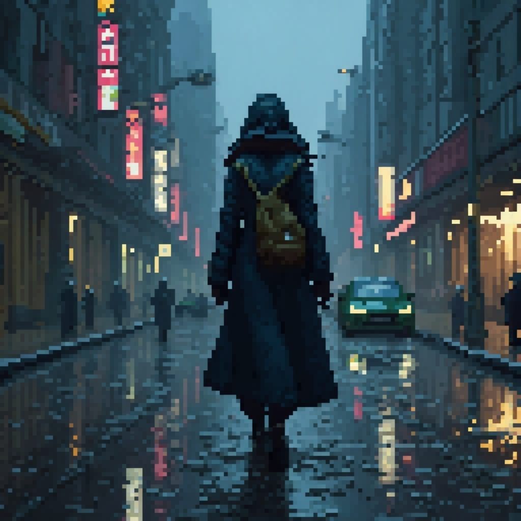 Medium shot of a female sci-fi protagonist in a cyberpunk city on a rainy evening. <lora:PixelCarnaval:1.0> 