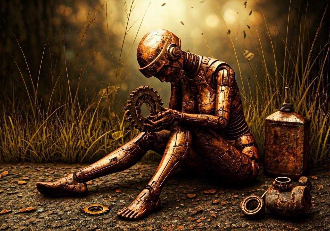 A sad and broken "rusty dented female service robocop" wearing a wide metallic rose gold brim hat askew ...  by @Spearmint