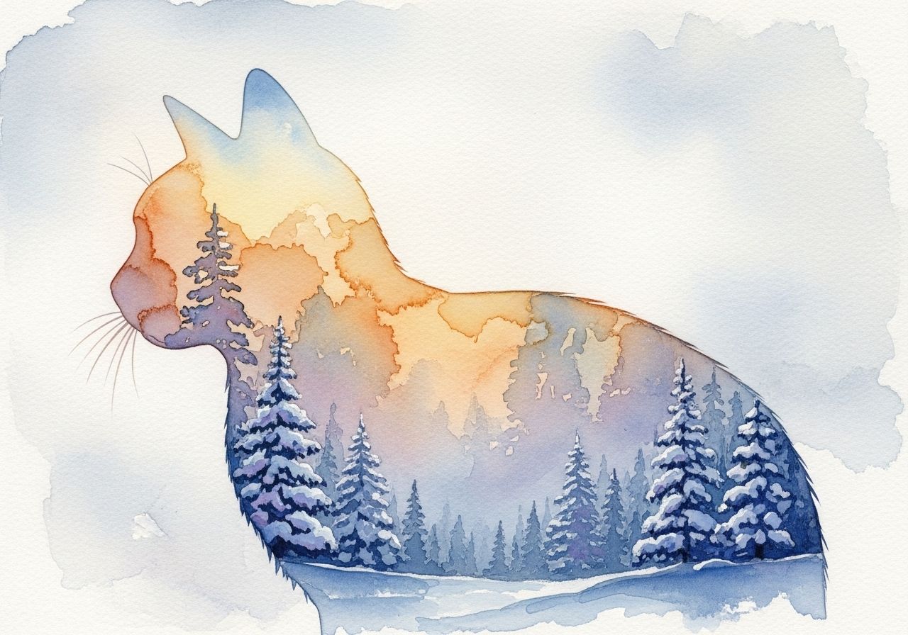 ציור בצבעי מים בחשיפה כפולה, צללית חתולה משולבת עם נוף חורף