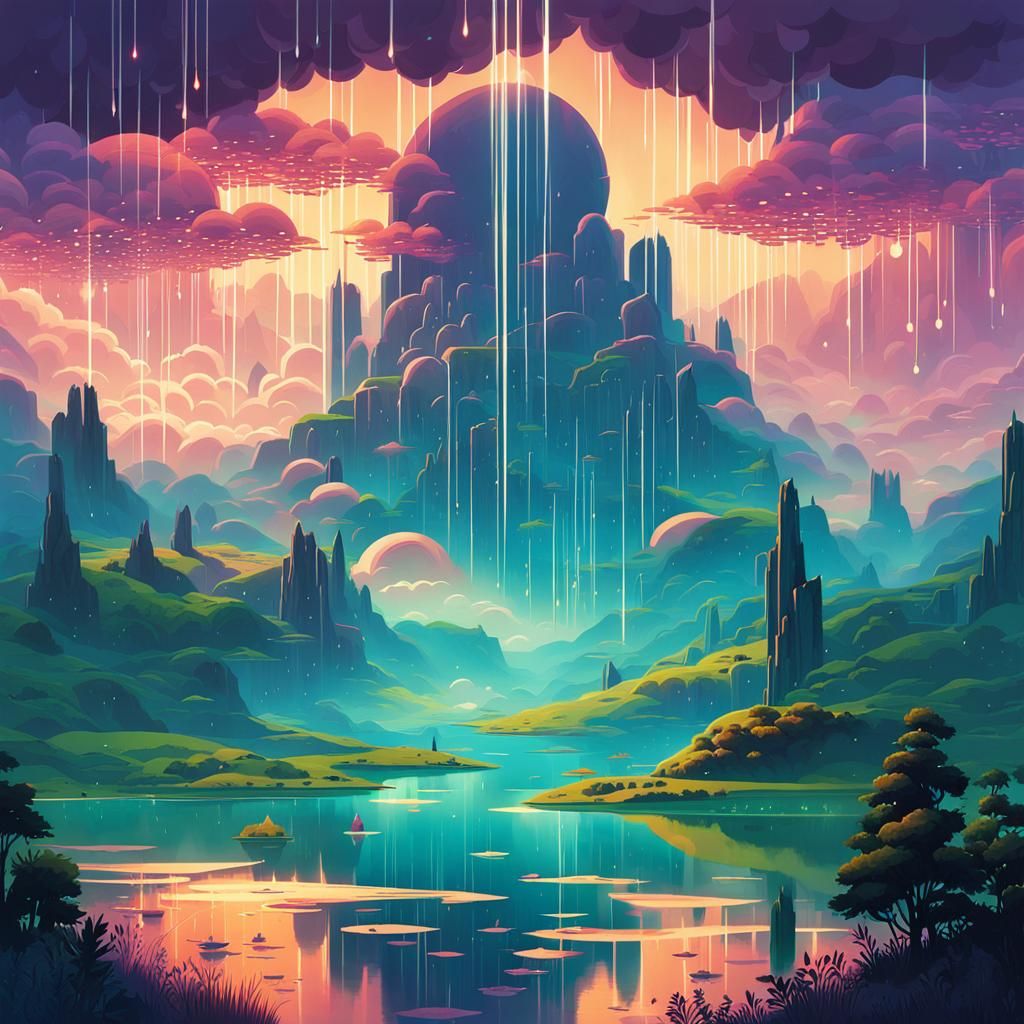 Surreal Rainy World Landscape: Sci-Fi Digital Painting