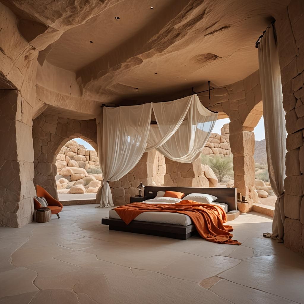 Desert Home Bedroom with Stone Bed Canopy