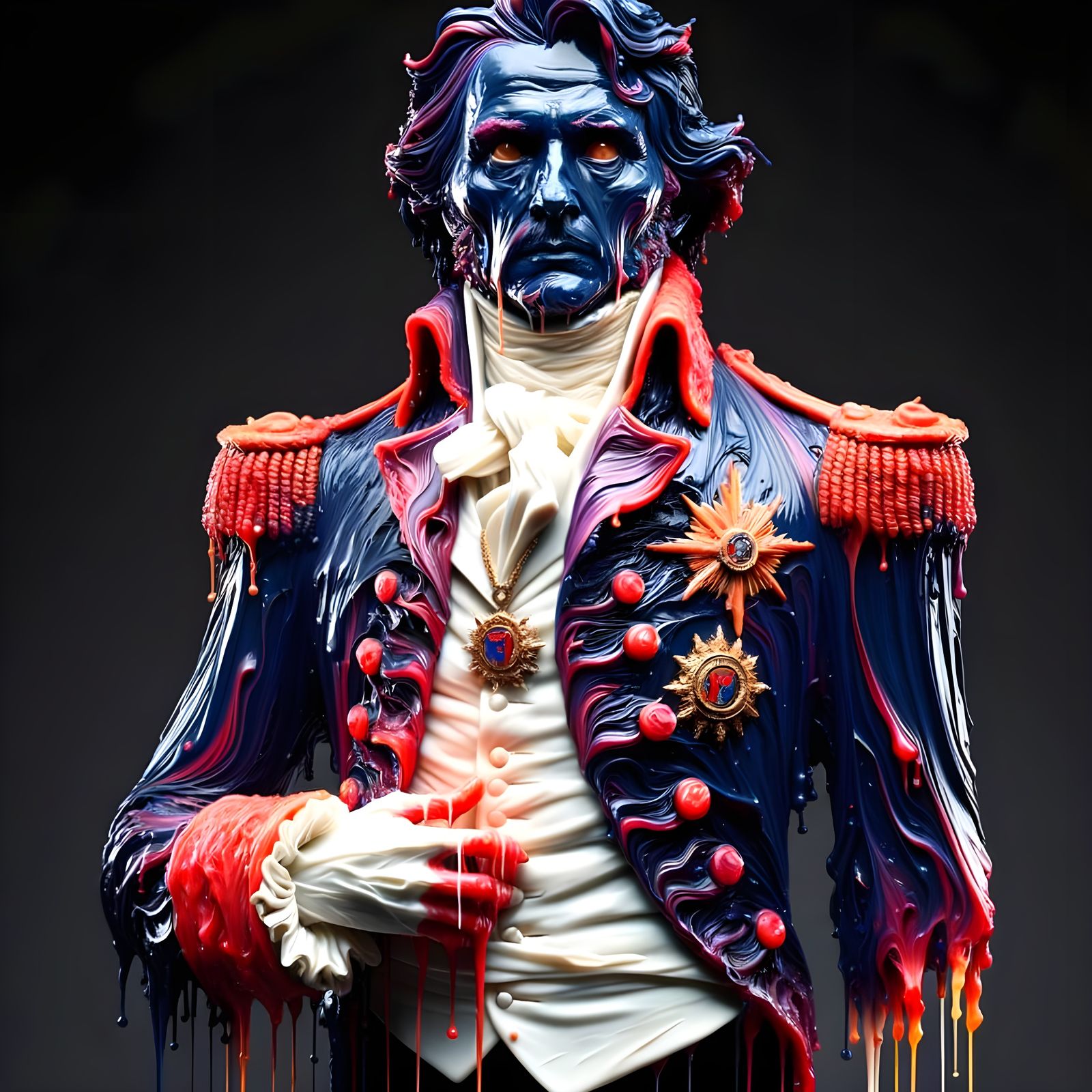 Napoleon Burnaparte dripping paint and melting into streams of vibrant color  by @Gary Murakami