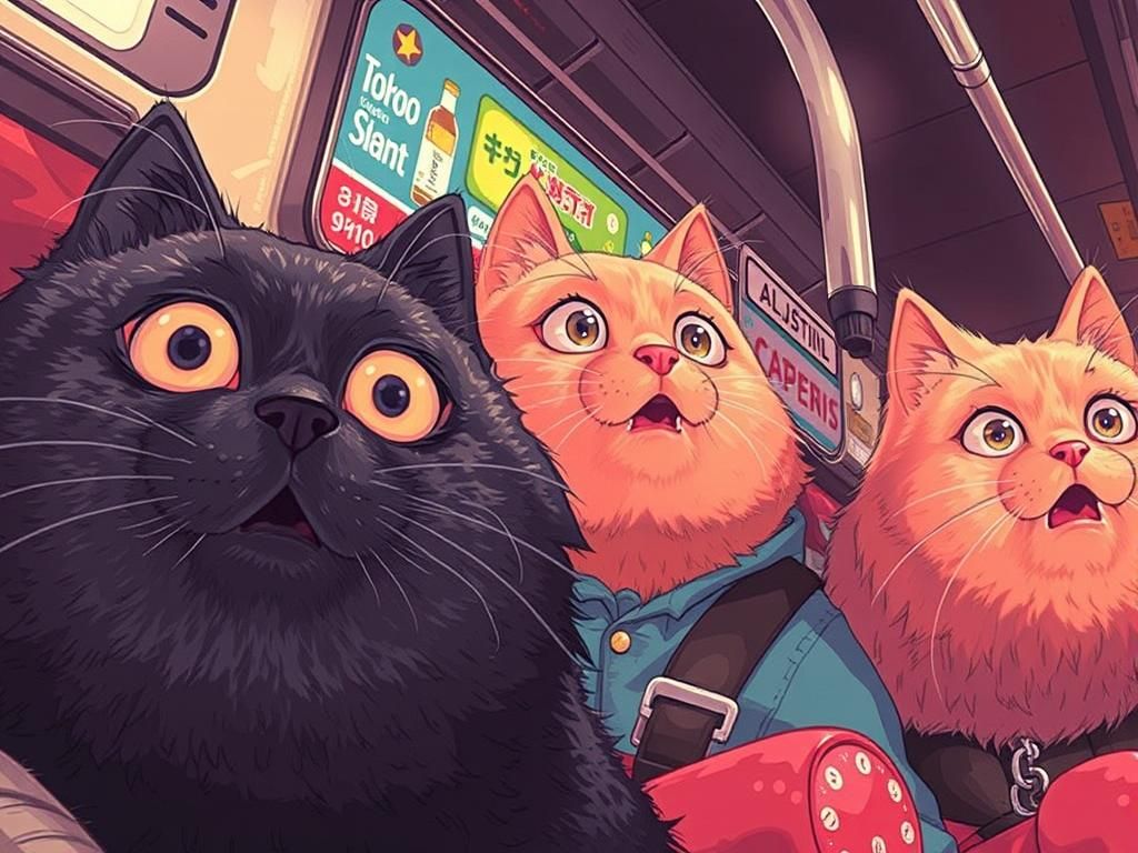 Three Anthropomorphic cats have an amazed look on their face...