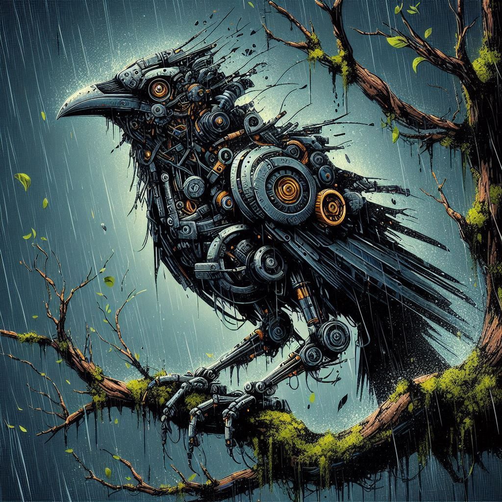 Mecha Raven in the rain