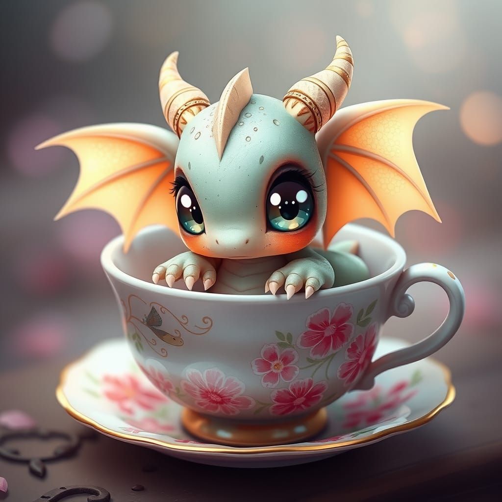 A baby dragon curled up inside a floral teacup, big sparkling eyes, pastel colours, soft lighting, highly ...  by @Ruby