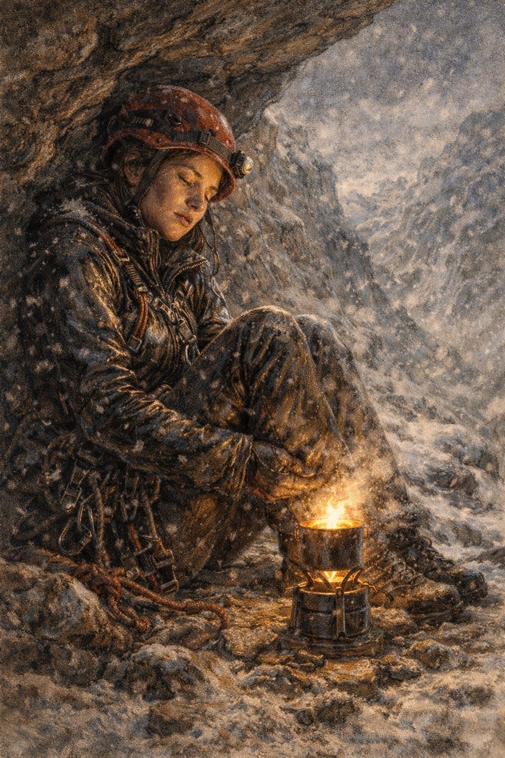 Under the overhang, storm lashes; fire saves her