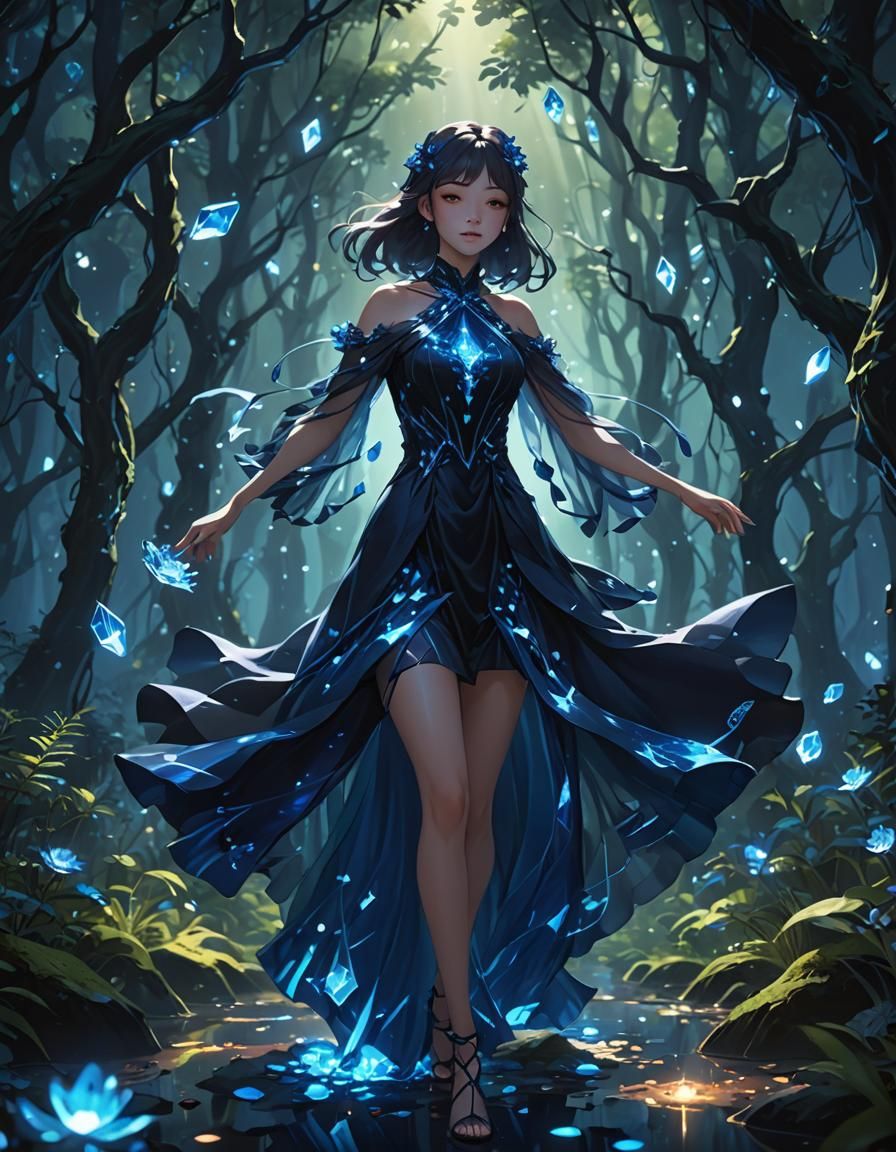 A dark blue gemstone long dress girl dancing in a bioluminescent forest By artist anime