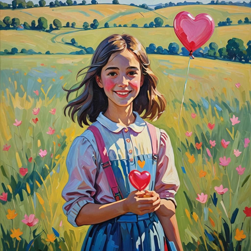 Girl With Heart Balloon in Fauvist Oil Painting