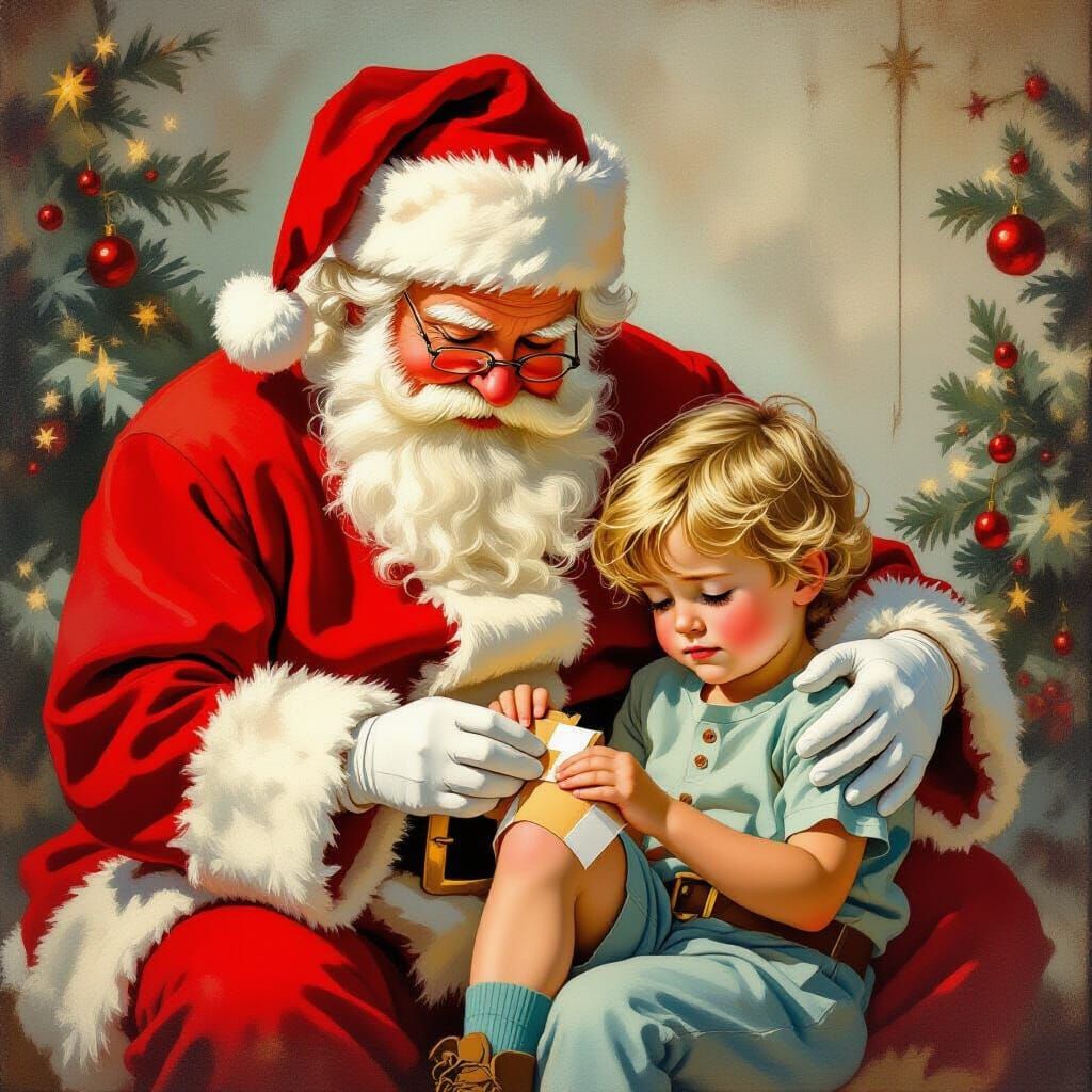 Santa Claus gently applies a Band-Aid to the knee of a sad young child. The scene is rendered ...  by @Jug Liquor