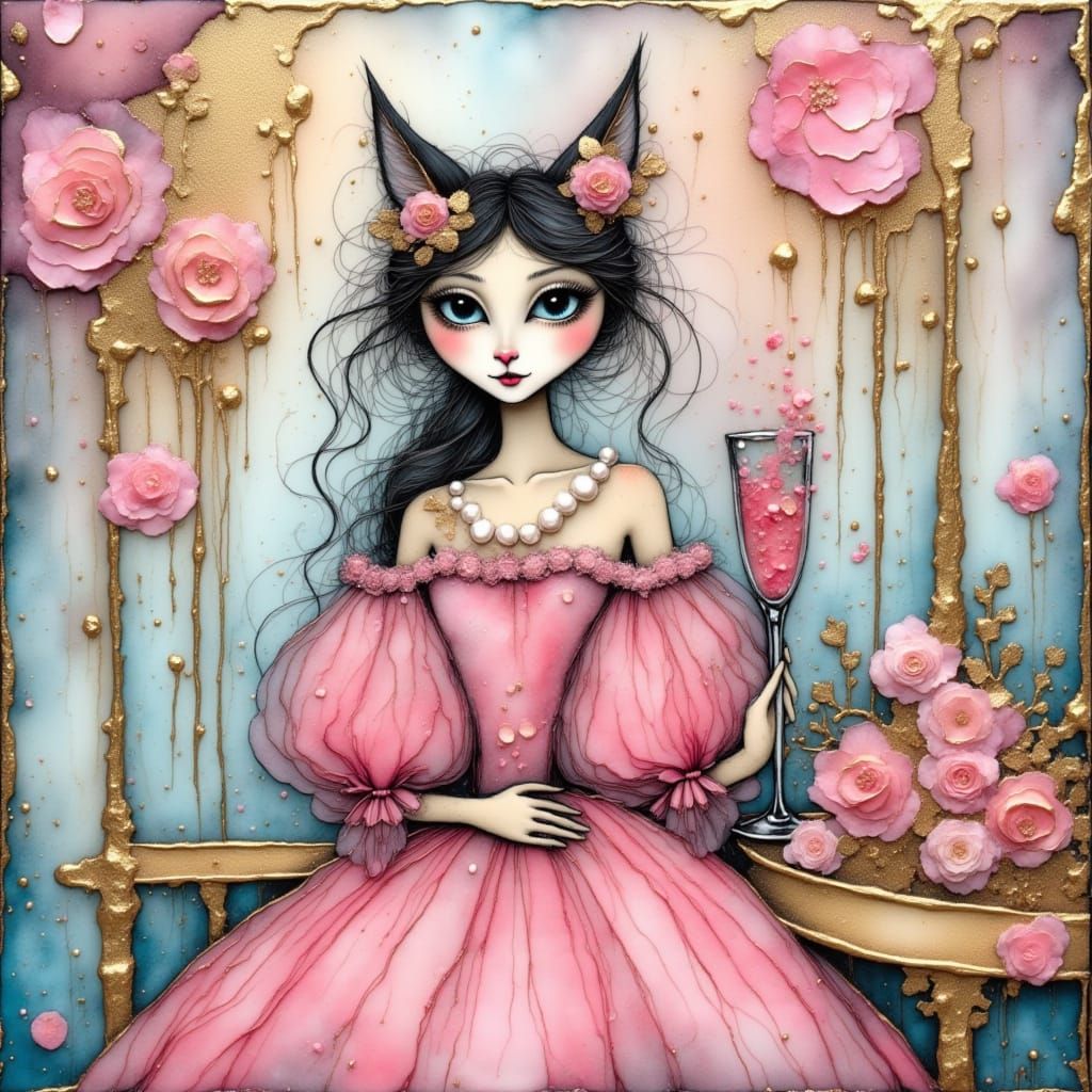  <lora:inks:1.0> whimsical encaustic mixed media collage Alcohol Inks cat in a pink dress wearing pearl necklace holding pink champagne