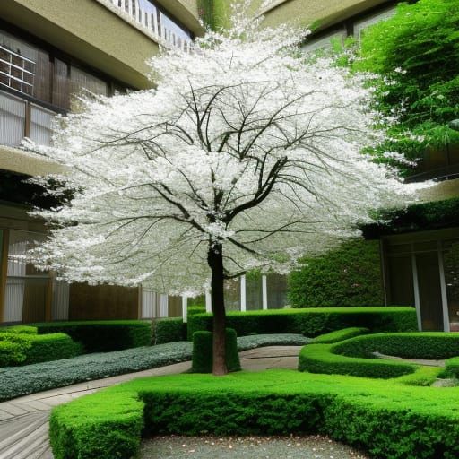 White blossom specimen tree with gnarled trunk, puffy white ...