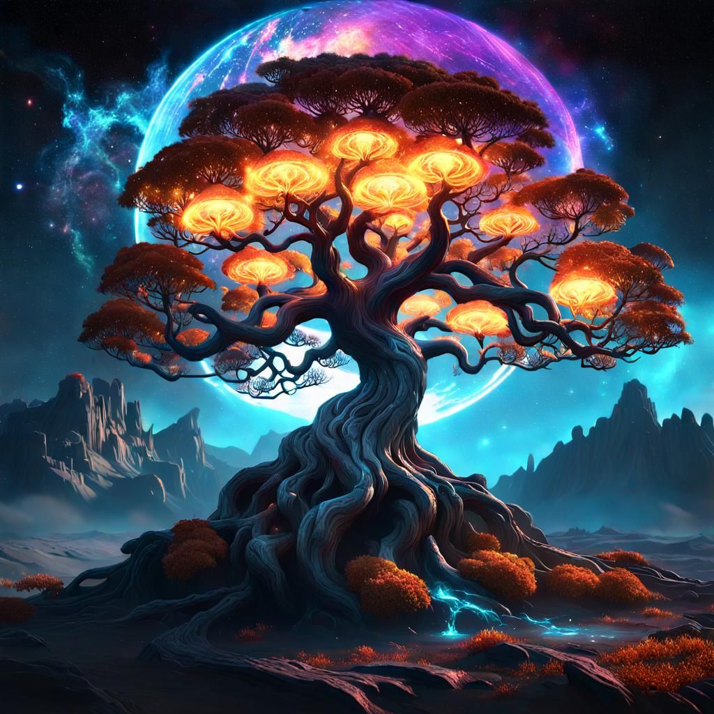 "Epic cosmic celestial Flaming tree in the middle of the uni...
