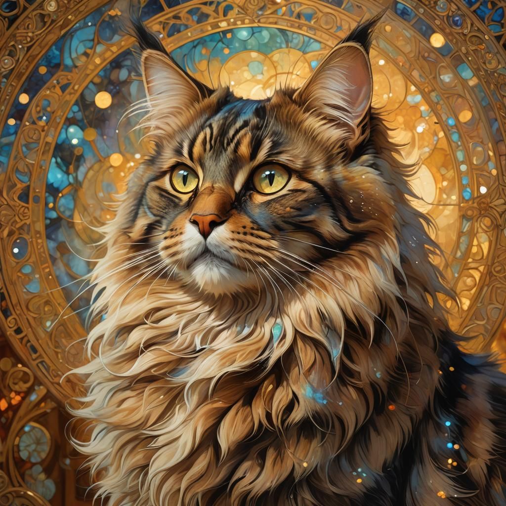 pointillist painting : low angle portrait of a Maincoon cat  by @coupdevent