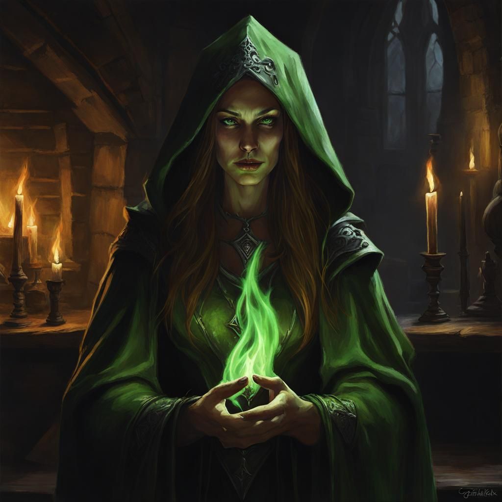 Medieval sorcerer casting spells, green flames, dark Gothic ...