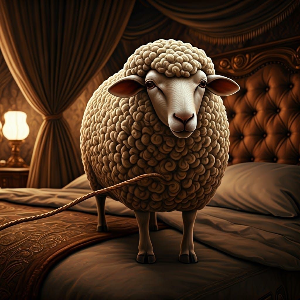 Luxurious Woolen Sheep Beside Ornate Bed in Warm, Golden Lig...