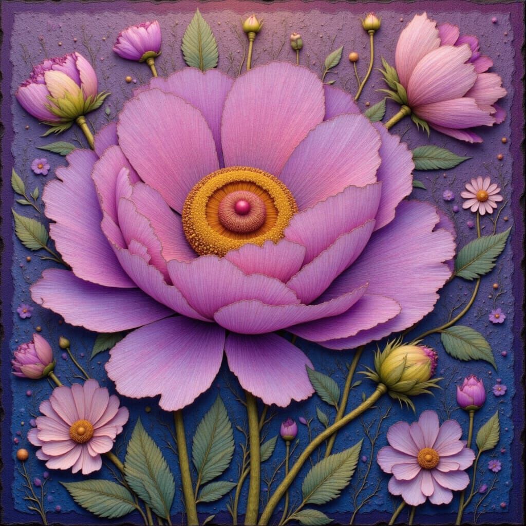 Vivid Folk Art Peony in Purple