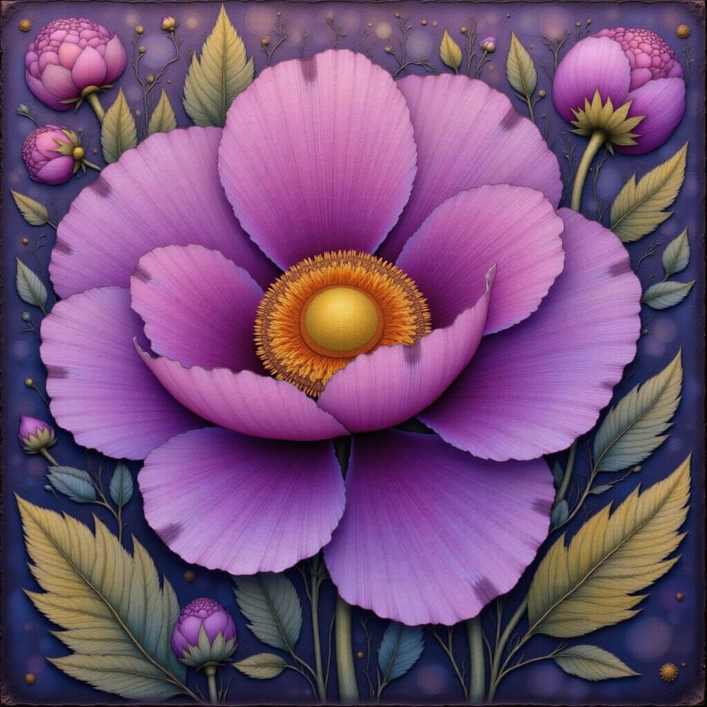 Vivid Folk Art Peony in Purple