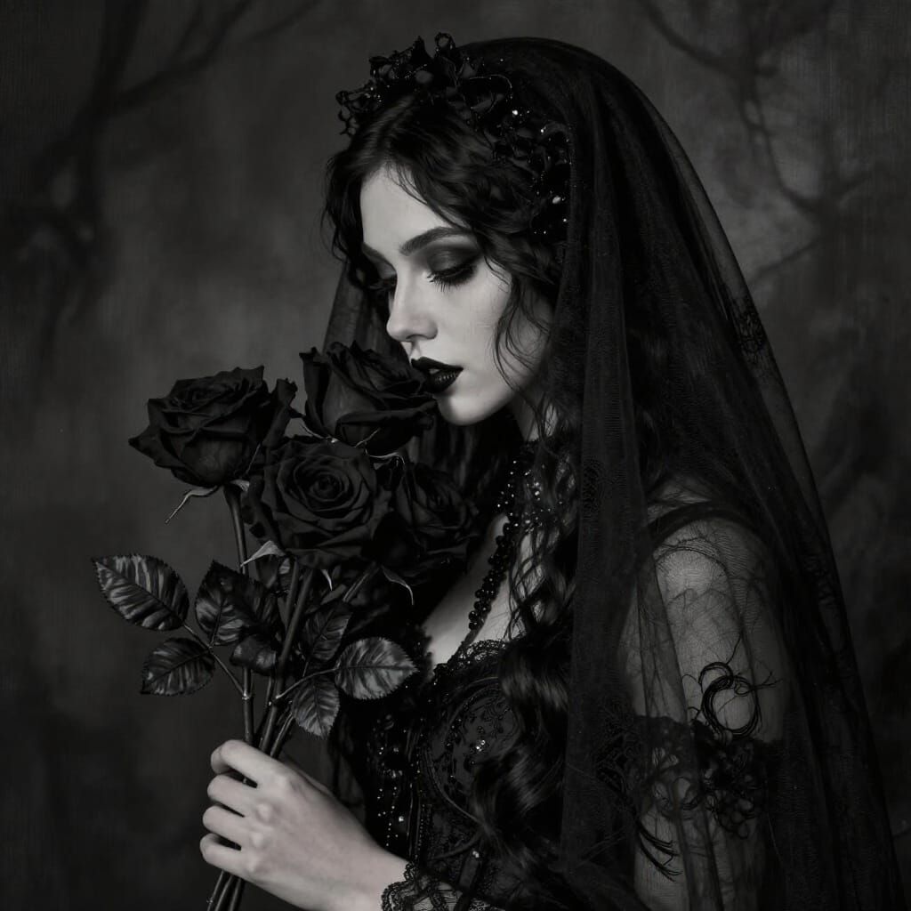 Goth Woman in Veil with Black Roses, Gothic Art Nouveau Styl...