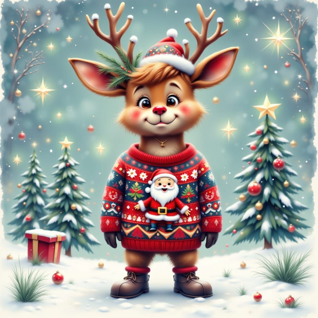 <lora:Favorites:1.0> Happy cartoon style Rudolph the reindeer wearing an ugly Christmas jumper with a ...  by @Oma