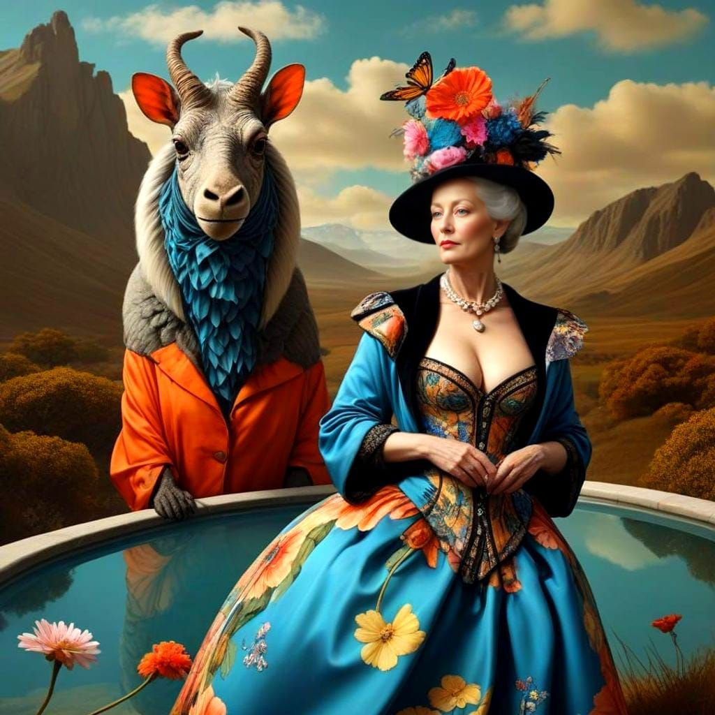 Surrealistic Portrait of Elegant Woman and Enchanted Creatur...