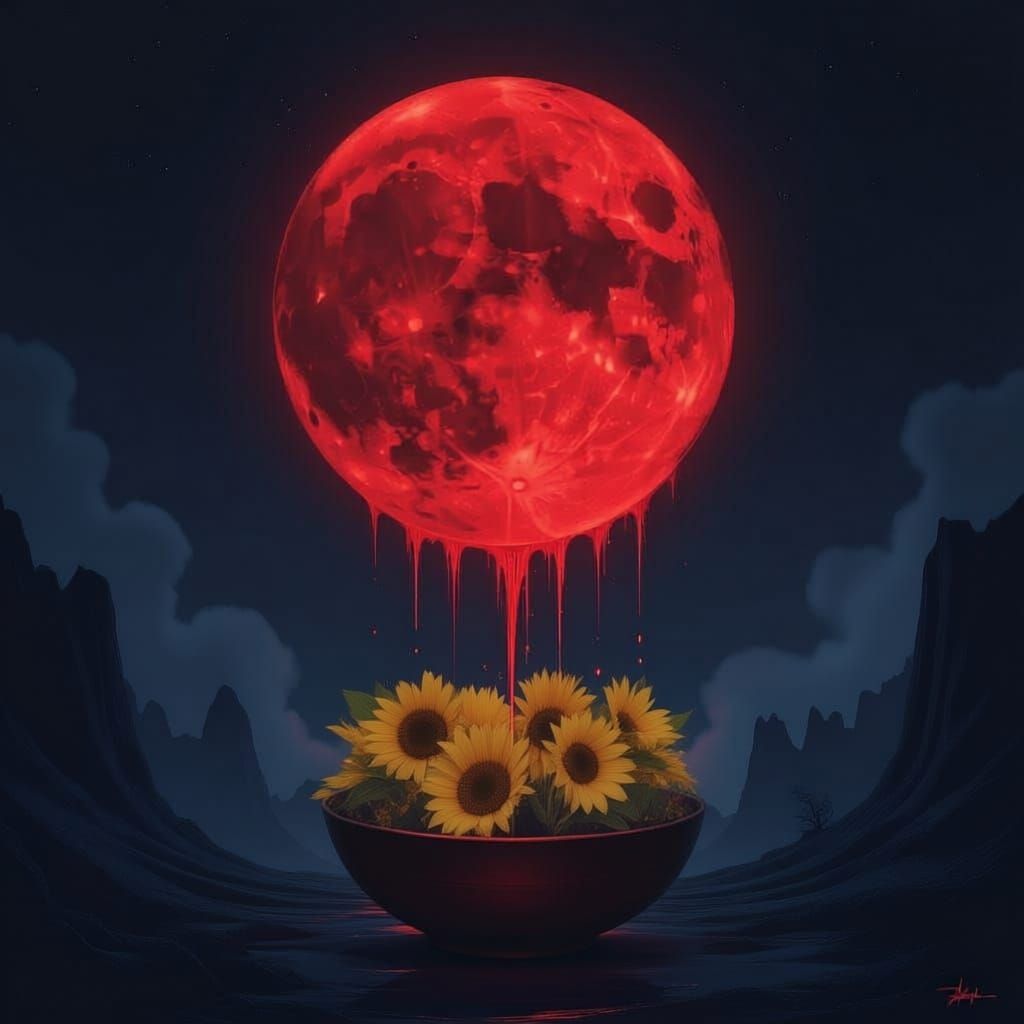 A haunting dark fantasy nightscape where a colossal blood-red full moon looms in the pitch-black sky. From its glowing surface, massive drop...