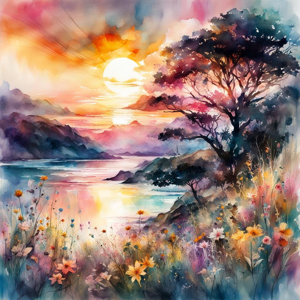 Sunset over a mountain lake - watercolor 