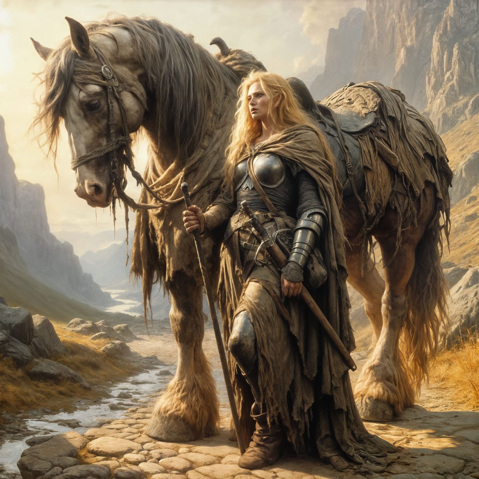 Tenebrist Oil Painting of a Blonde Elf Warrior and Clydesdal...