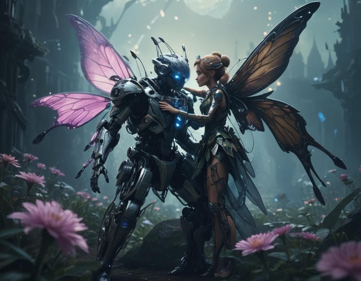 Pretty female fairy with fine butterfly wings, in a tinkerbe...