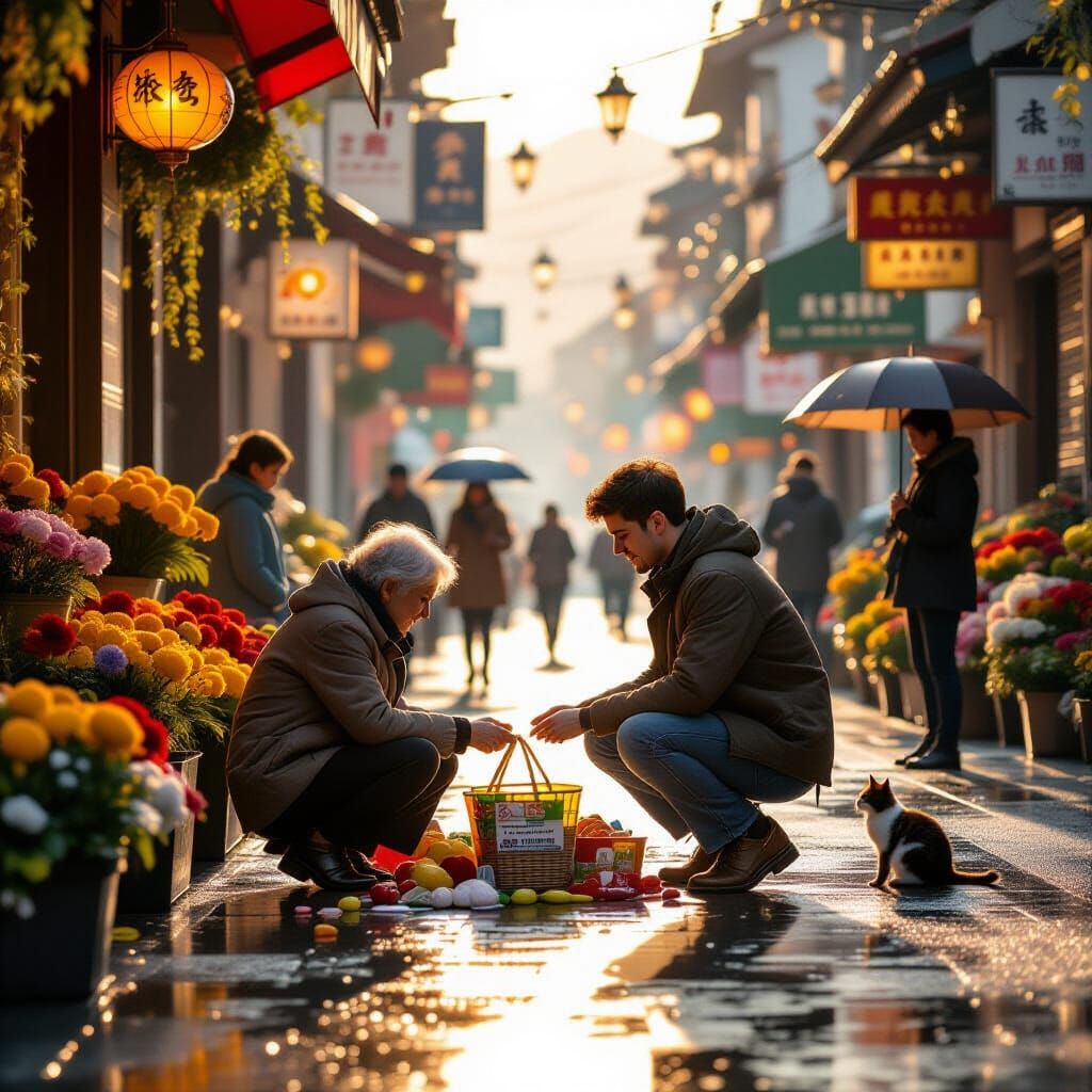 Acts of kindness, a quiet urban street at sunrise, where a young man kneels to help an elderly woman ...  by @morr5750