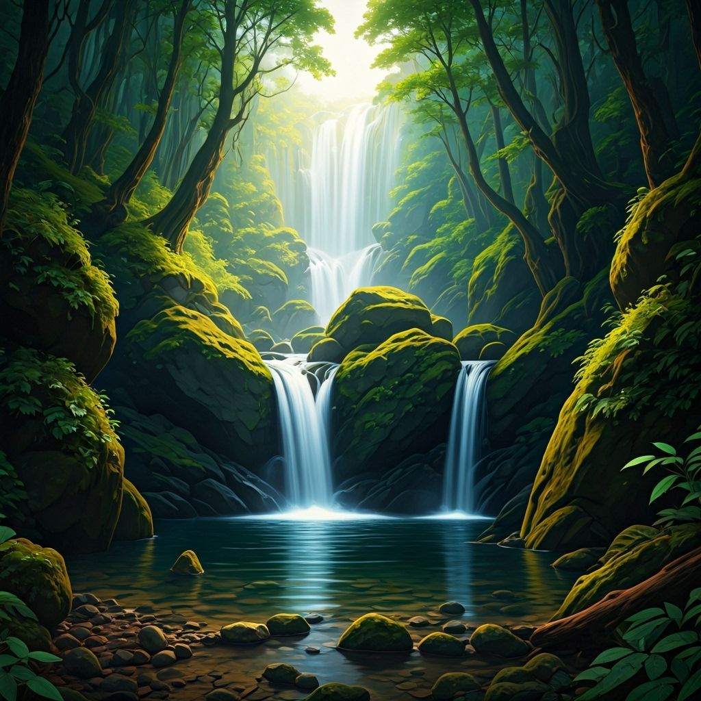 Serene Waterfall Landscape with Lush Greenery