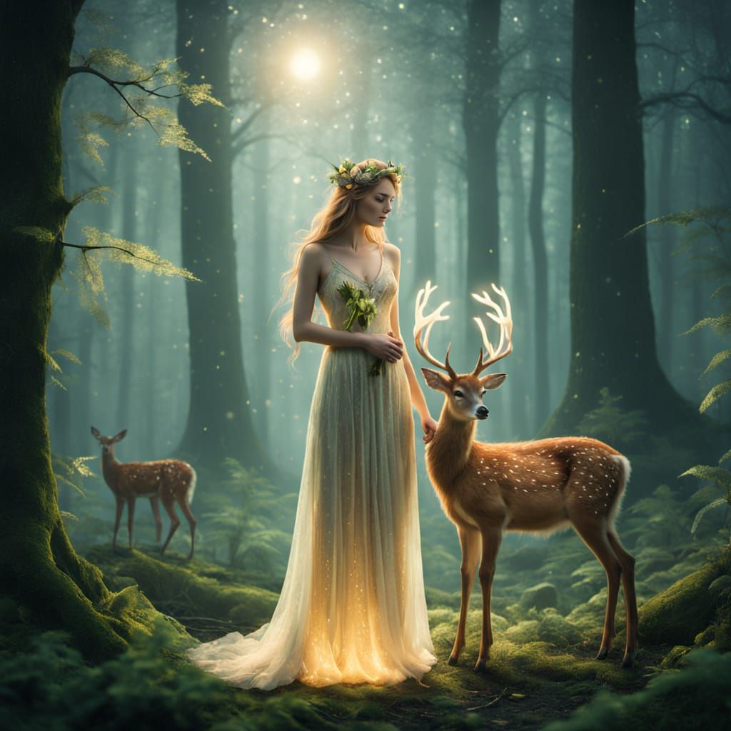 positive_prompt:
"forest nymph with glowing leaf-woven dress, standing beside a young deer with matching glowing leaf patterns, mirrored hea...